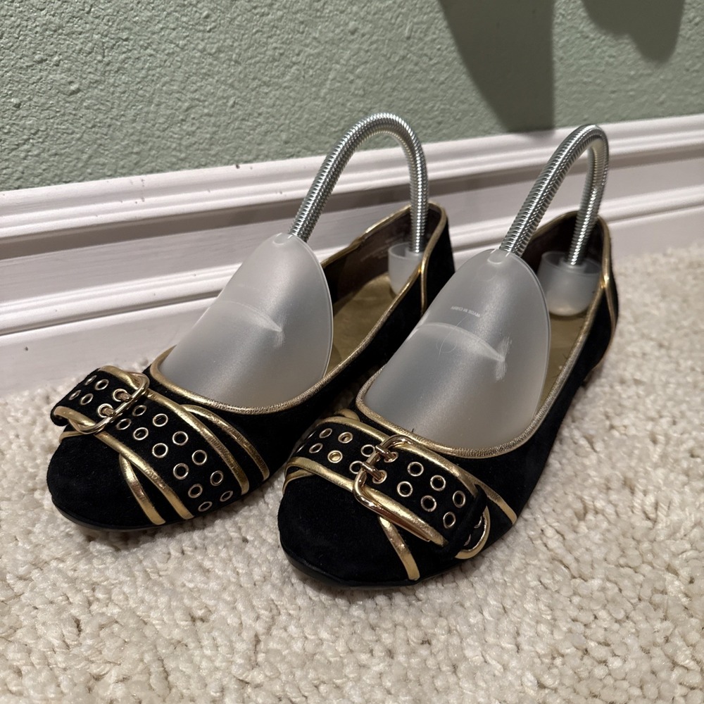 NINE WEST GOLD TRIMMED BUCKLED BALLET FLATS Classic, Academia, Work Wear 6.5